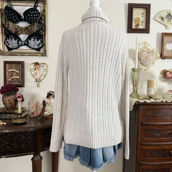 cozy girly grunge preppy coquette white cable knit turtleneck sweater - Picture 4 of 5